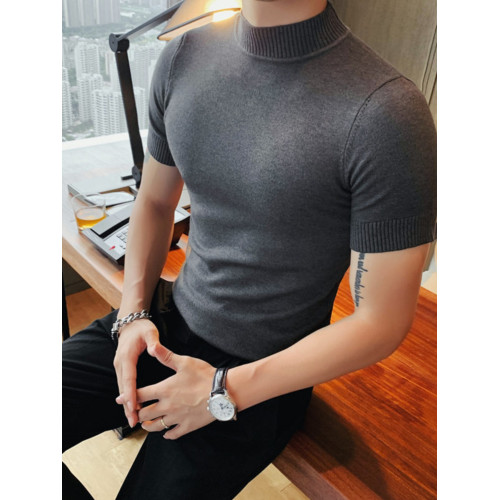 2025韓版修身男士半高領短袖T恤型男緊身彈力針織衫中領打底線衫 2025韓版修身男士半高領短袖T恤型男緊身彈力針織衫中領打底線衫