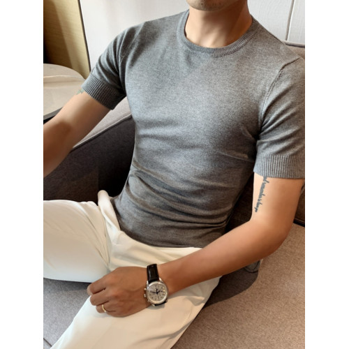 2025韓版修身男士半高領短袖T恤型男緊身彈力針織衫中領打底線衫 2025韓版修身男士半高領短袖T恤型男緊身彈力針織衫中領打底線衫