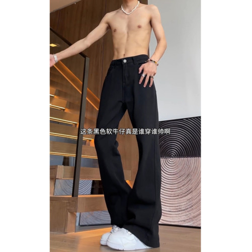 美式高街vibe褲子加長版黑色彎刀牛仔褲秋季款直筒修身微喇褲男生 美式高街vibe褲子加長版黑色彎刀牛仔褲秋季款直筒修身微喇褲男生