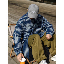 休斯頓高級痞帥條紋潮牌牛仔襯衫男士春秋季寬松美式長袖襯衣外套