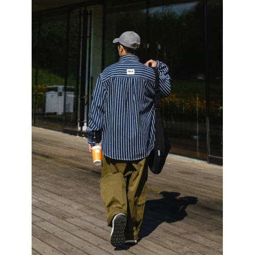 休斯頓高級痞帥條紋潮牌牛仔襯衫男士春秋季寬松美式長袖襯衣外套 休斯頓高級痞帥條紋潮牌牛仔襯衫男士春秋季寬松美式長袖襯衣外套