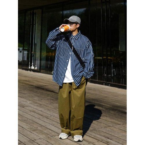 休斯頓高級痞帥條紋潮牌牛仔襯衫男士春秋季寬松美式長袖襯衣外套 休斯頓高級痞帥條紋潮牌牛仔襯衫男士春秋季寬松美式長袖襯衣外套