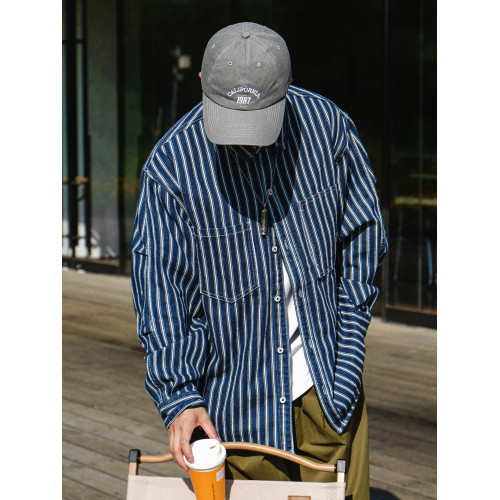 休斯頓高級痞帥條紋潮牌牛仔襯衫男士春秋季寬松美式長袖襯衣外套 休斯頓高級痞帥條紋潮牌牛仔襯衫男士春秋季寬松美式長袖襯衣外套