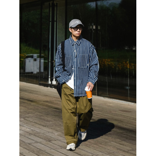 休斯頓高級痞帥條紋潮牌牛仔襯衫男士春秋季寬松美式長袖襯衣外套 休斯頓高級痞帥條紋潮牌牛仔襯衫男士春秋季寬松美式長袖襯衣外套