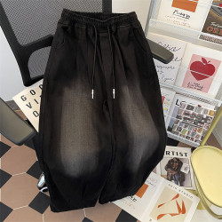 美式垂感復古牛仔褲男高街潮牌松緊腰抽繩濶腿褲子男生休閒長褲子