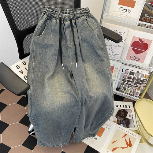 美式垂感復古牛仔褲男高街潮牌松緊腰抽繩濶腿褲子男生休閒長褲子 美式垂感復古牛仔褲男高街潮牌松緊腰抽繩濶腿褲子男生休閒長褲子