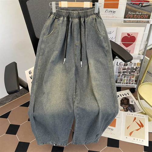 美式垂感復古牛仔褲男高街潮牌松緊腰抽繩濶腿褲子男生休閒長褲子 美式垂感復古牛仔褲男高街潮牌松緊腰抽繩濶腿褲子男生休閒長褲子