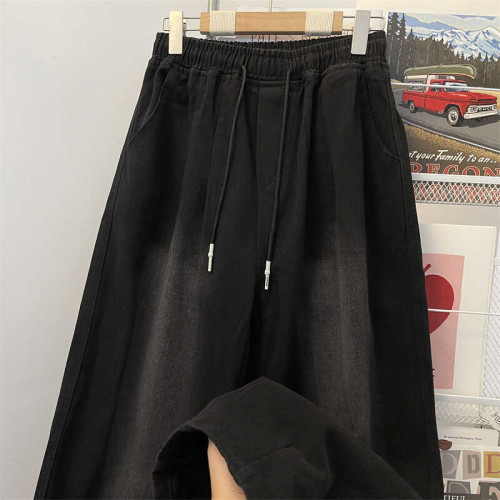 美式垂感復古牛仔褲男高街潮牌松緊腰抽繩濶腿褲子男生休閒長褲子 美式垂感復古牛仔褲男高街潮牌松緊腰抽繩濶腿褲子男生休閒長褲子