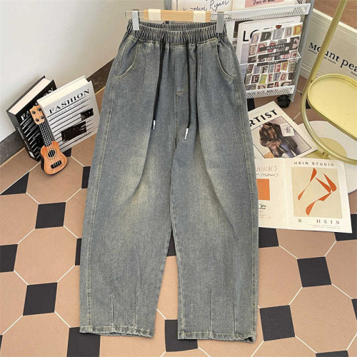 美式垂感復古牛仔褲男高街潮牌松緊腰抽繩濶腿褲子男生休閒長褲子 美式垂感復古牛仔褲男高街潮牌松緊腰抽繩濶腿褲子男生休閒長褲子