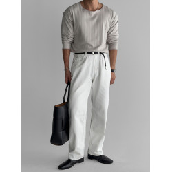 歐貨高級白色牛仔褲男寬松直筒長褲休閒百搭工裝褲美式復古布褲子