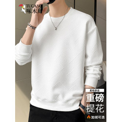 啄木鳥男士長袖t恤秋冬季加絨款衛衣白色打底衫男裝春秋內搭衣服