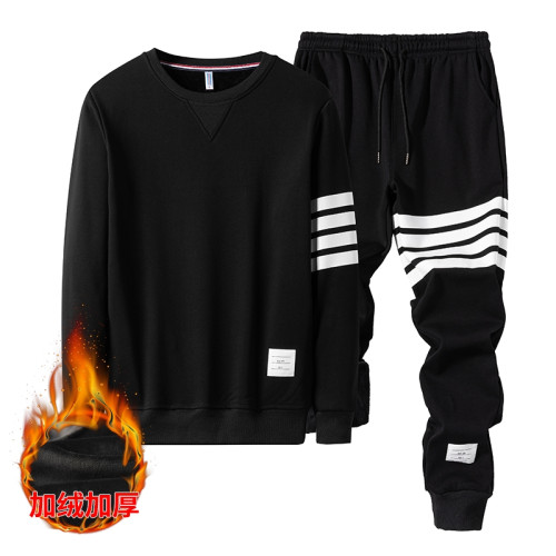休閒套裝男秋冬加絨四條杠長袖上衣兩件套男士套頭圓領衛衣運動服 休閒套裝男秋冬加絨四條杠長袖上衣兩件套男士套頭圓領衛衣運動服