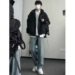 美式復古淺藍色牛仔褲男生穿搭高級感褲子夏季高腰寬松直筒濶腿褲