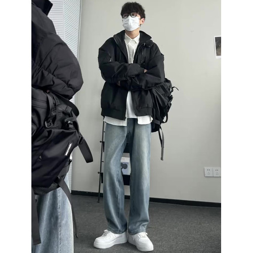 美式復古淺藍色牛仔褲男生穿搭高級感褲子夏季高腰寬松直筒濶腿褲 美式復古淺藍色牛仔褲男生穿搭高級感褲子夏季高腰寬松直筒濶腿褲