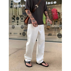 OXFREAK「高品質重磅白色」牛仔褲男直筒寬松韓系cleanfit休閒褲