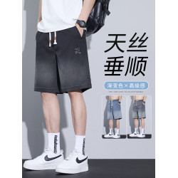 冰絲牛仔短褲男士夏季薄款天絲休閒中褲美式復古工裝運動五分短褲