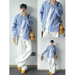 日系大碼白色牛仔褲男潮牌Cleanfit痞帥濶腿褲子美式高街直筒長褲