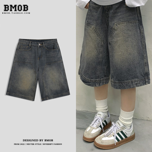 BMOB做舊水洗直筒寬松高街牛仔短褲男夏季美式復古濶腿七分中褲子 BMOB做舊水洗直筒寬松高街牛仔短褲男夏季美式復古濶腿七分中褲子