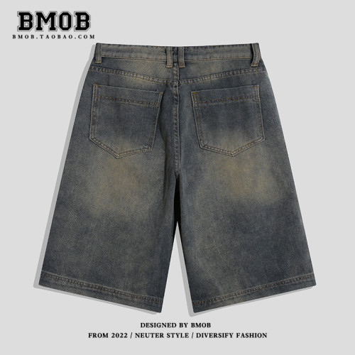 BMOB做舊水洗直筒寬松高街牛仔短褲男夏季美式復古濶腿七分中褲子 BMOB做舊水洗直筒寬松高街牛仔短褲男夏季美式復古濶腿七分中褲子