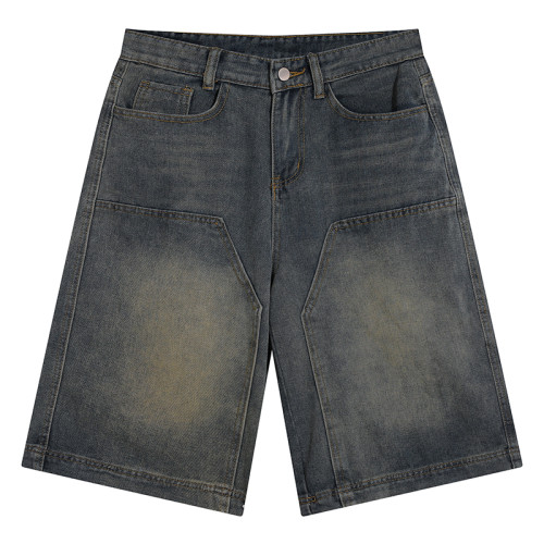 BMOB做舊水洗直筒寬松高街牛仔短褲男夏季美式復古濶腿七分中褲子 BMOB做舊水洗直筒寬松高街牛仔短褲男夏季美式復古濶腿七分中褲子