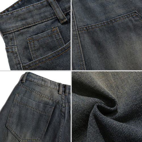 BMOB做舊水洗直筒寬松高街牛仔短褲男夏季美式復古濶腿七分中褲子 BMOB做舊水洗直筒寬松高街牛仔短褲男夏季美式復古濶腿七分中褲子