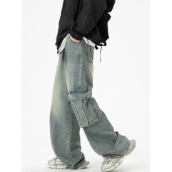 美式高街復古濶腿牛仔褲男春秋季新款潮牌大口袋寬松水洗直筒長褲