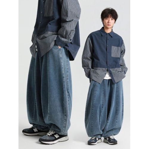 怕生的鹿 美式復古oversize廓形牛仔褲男寬松垂感濶腿大碼燈籠褲 怕生的鹿 美式復古oversize廓形牛仔褲男寬松垂感濶腿大碼燈籠褲