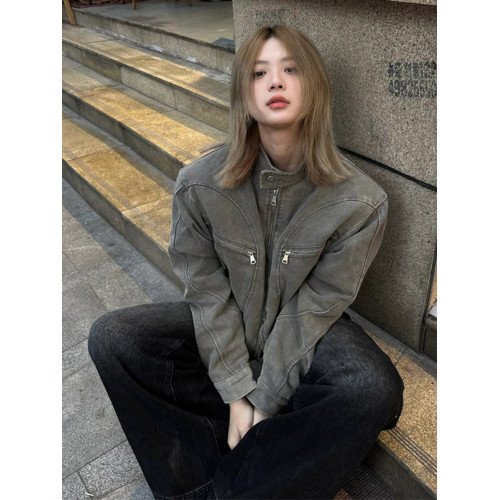 美式復古vintage水洗做舊牛仔外套男女春秋小衆設計立領夾克上衣 美式復古vintage水洗做舊牛仔外套男女春秋小衆設計立領夾克上衣