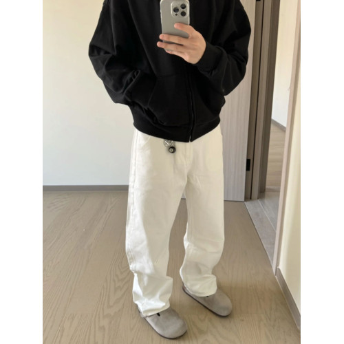 美式復古水洗cleanfit簡約白色牛仔褲男寬松休閒ins直筒百搭長褲 美式復古水洗cleanfit簡約白色牛仔褲男寬松休閒ins直筒百搭長褲