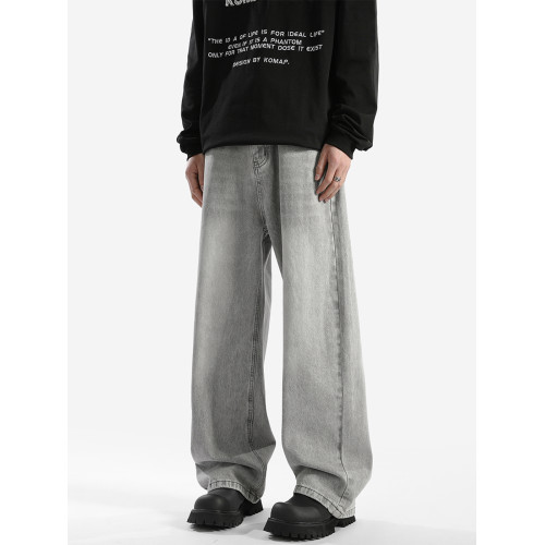 菸灰色復古牛仔褲男潮牌新款美式高街寬松垂感濶腿休閒拖地長褲子 菸灰色復古牛仔褲男潮牌新款美式高街寬松垂感濶腿休閒拖地長褲子