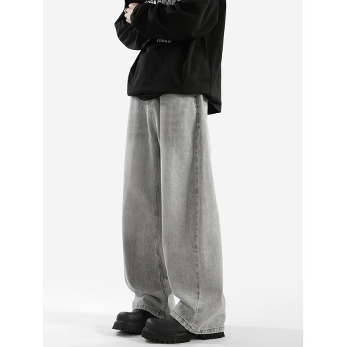 菸灰色復古牛仔褲男潮牌新款美式高街寬松垂感濶腿休閒拖地長褲子 菸灰色復古牛仔褲男潮牌新款美式高街寬松垂感濶腿休閒拖地長褲子