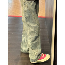 美式復古藍彎刀牛仔褲男款秋冬季解搆寬松直筒工裝褲子鐮刀濶腿褲