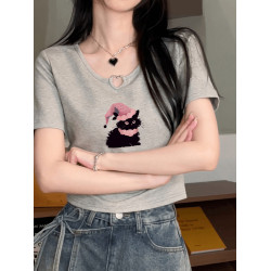貓咪印花正肩短袖t恤女夏季設計感灰色韓系愛心鏤空短款辣妹上衣