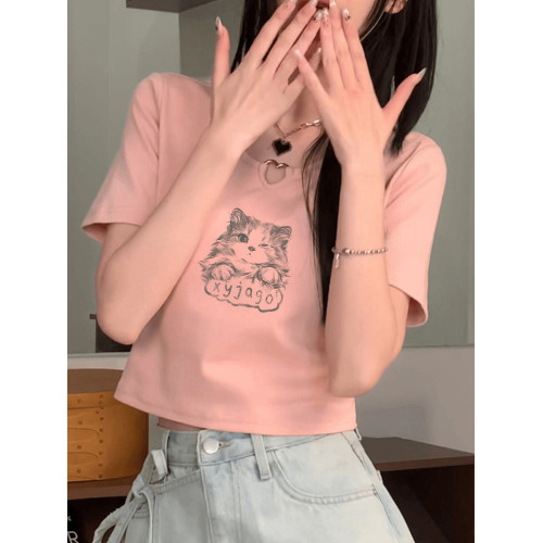 貓咪印花正肩短袖t恤女夏季設計感灰色韓系愛心鏤空短款辣妹上衣