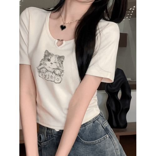 貓咪印花正肩短袖t恤女夏季設計感灰色韓系愛心鏤空短款辣妹上衣