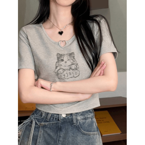貓咪印花正肩短袖t恤女夏季設計感灰色韓系愛心鏤空短款辣妹上衣