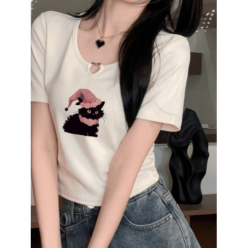 貓咪印花正肩短袖t恤女夏季設計感灰色韓系愛心鏤空短款辣妹上衣
