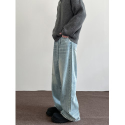 美式藍色水洗濶腿牛仔褲男夏季新款寬松復古直筒cleanfit拖地長褲