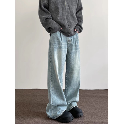 美式藍色水洗濶腿牛仔褲男夏季新款寬松復古直筒cleanfit拖地長褲 美式藍色水洗濶腿牛仔褲男夏季新款寬松復古直筒cleanfit拖地長褲