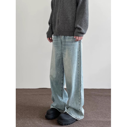 美式藍色水洗濶腿牛仔褲男夏季新款寬松復古直筒cleanfit拖地長褲 美式藍色水洗濶腿牛仔褲男夏季新款寬松復古直筒cleanfit拖地長褲