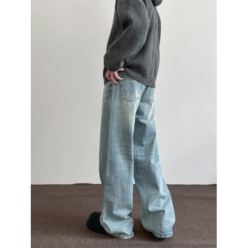 美式藍色水洗濶腿牛仔褲男夏季新款寬松復古直筒cleanfit拖地長褲 美式藍色水洗濶腿牛仔褲男夏季新款寬松復古直筒cleanfit拖地長褲