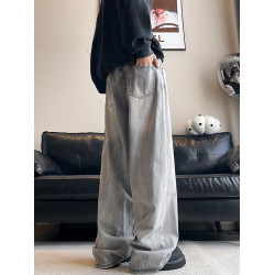 美式cleanfit復古牛仔褲男春秋款潮牌格雷系灰色做舊水洗濶腿長褲