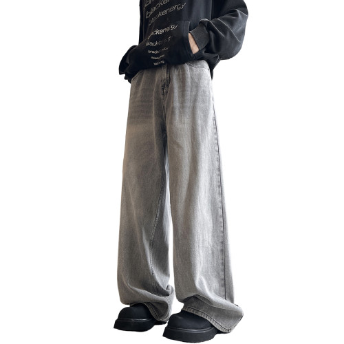 美式cleanfit復古牛仔褲男春秋款潮牌格雷系灰色做舊水洗濶腿長褲 美式cleanfit復古牛仔褲男春秋款潮牌格雷系灰色做舊水洗濶腿長褲