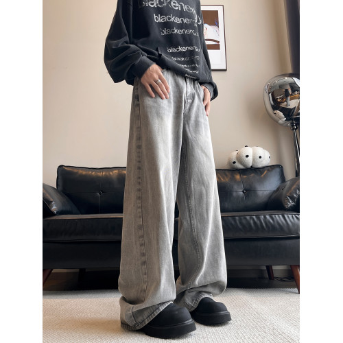 美式cleanfit復古牛仔褲男春秋款潮牌格雷系灰色做舊水洗濶腿長褲 美式cleanfit復古牛仔褲男春秋款潮牌格雷系灰色做舊水洗濶腿長褲