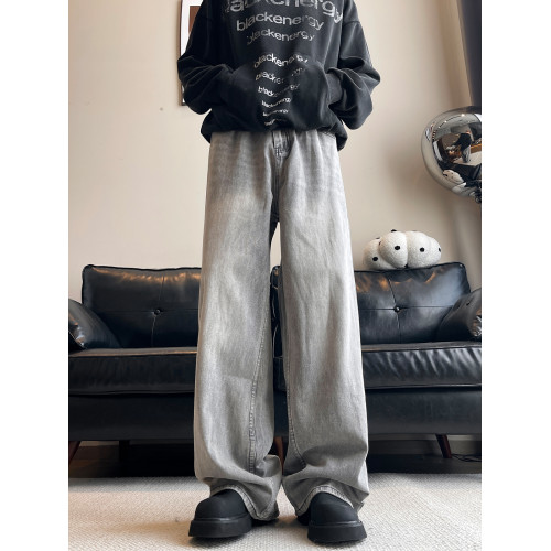 美式cleanfit復古牛仔褲男春秋款潮牌格雷系灰色做舊水洗濶腿長褲 美式cleanfit復古牛仔褲男春秋款潮牌格雷系灰色做舊水洗濶腿長褲