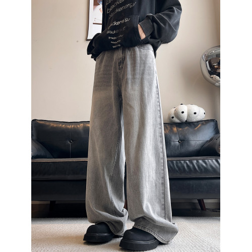 美式cleanfit復古牛仔褲男春秋款潮牌格雷系灰色做舊水洗濶腿長褲 美式cleanfit復古牛仔褲男春秋款潮牌格雷系灰色做舊水洗濶腿長褲