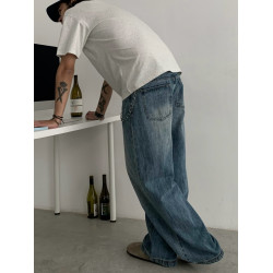 美式復古水洗爆裂紋藍色牛仔褲男vintage寬松濶腿堆堆感休閒長褲