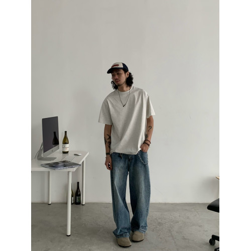 美式復古水洗爆裂紋藍色牛仔褲男vintage寬松濶腿堆堆感休閒長褲 美式復古水洗爆裂紋藍色牛仔褲男vintage寬松濶腿堆堆感休閒長褲