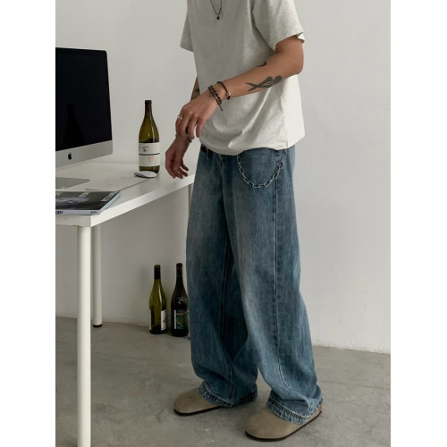 美式復古水洗爆裂紋藍色牛仔褲男vintage寬松濶腿堆堆感休閒長褲 美式復古水洗爆裂紋藍色牛仔褲男vintage寬松濶腿堆堆感休閒長褲