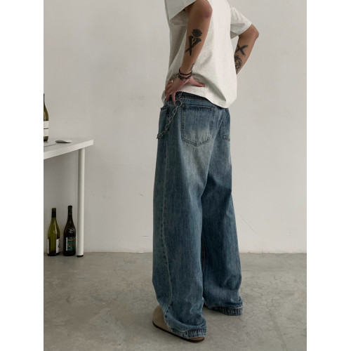 美式復古水洗爆裂紋藍色牛仔褲男vintage寬松濶腿堆堆感休閒長褲 美式復古水洗爆裂紋藍色牛仔褲男vintage寬松濶腿堆堆感休閒長褲